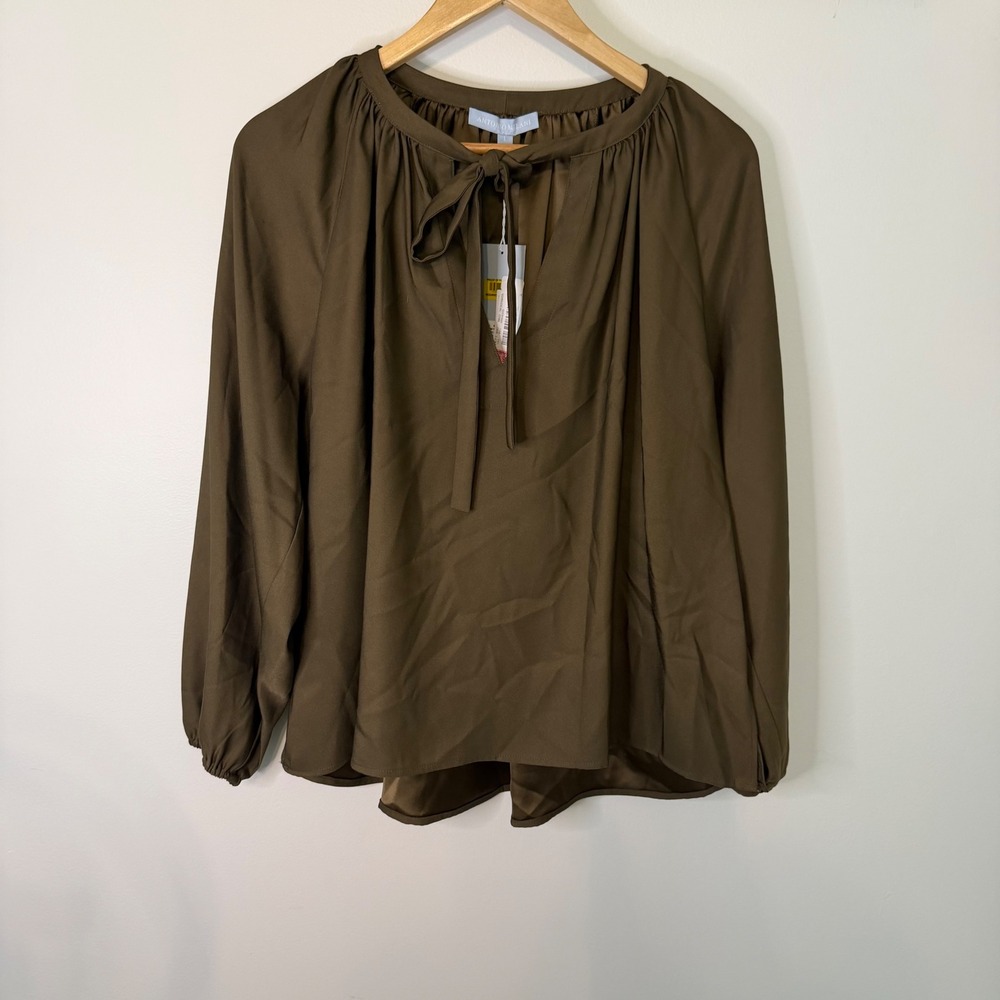 Antonio Melani Dakota Blouse Brown Olive Tie Neck Long Sleeve Top Large NWT